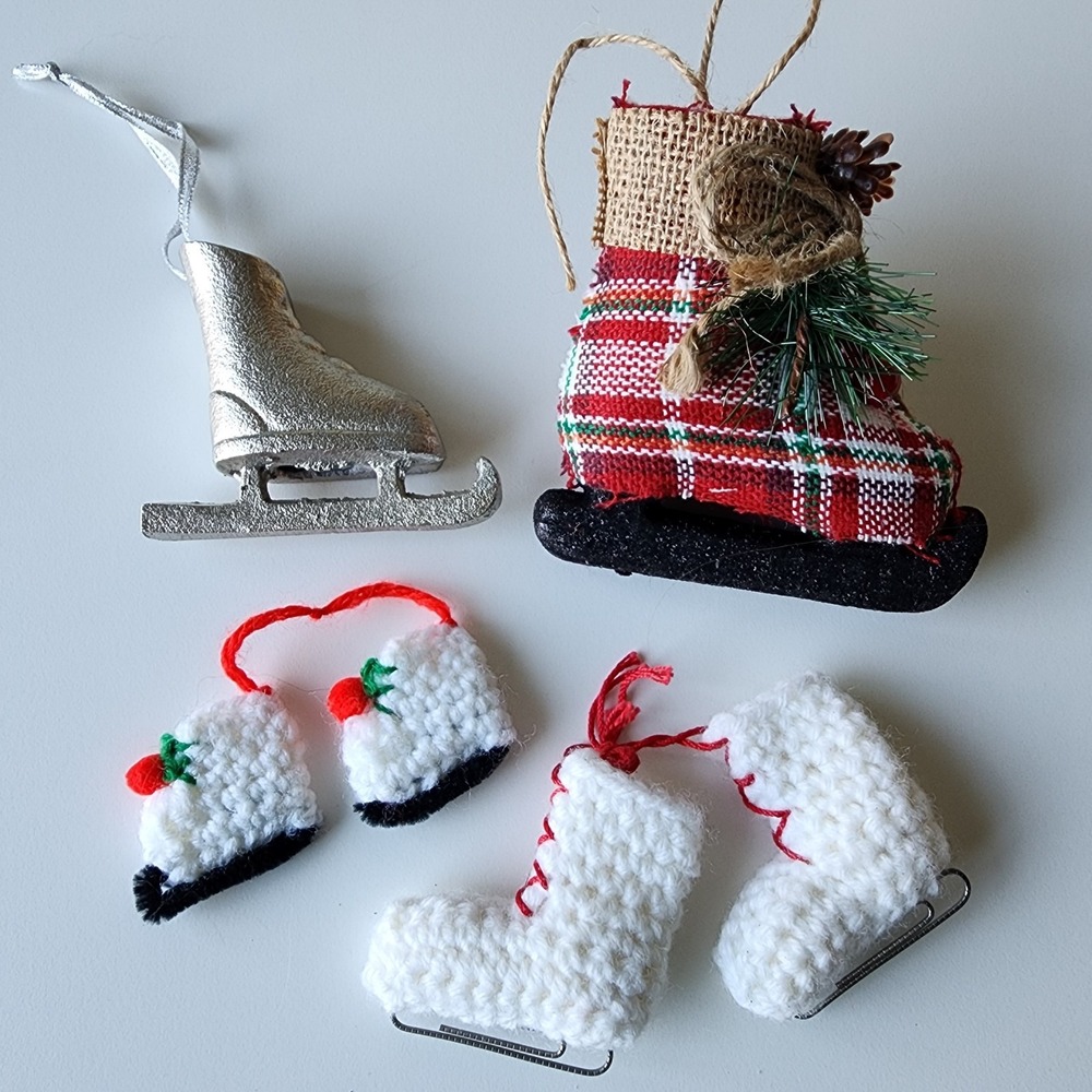 Ice Skate Christmas Ornaments Lot Knit Crochet Yarn Handmade Metal‎ Skating Gift